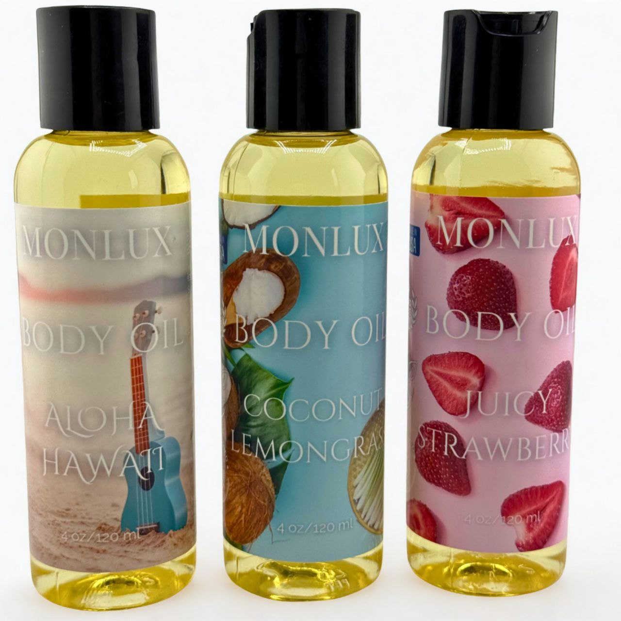 Tropical Body Oil Set – Aloha Hawaii, Coconut Lemongrass, Juicy Strawberry