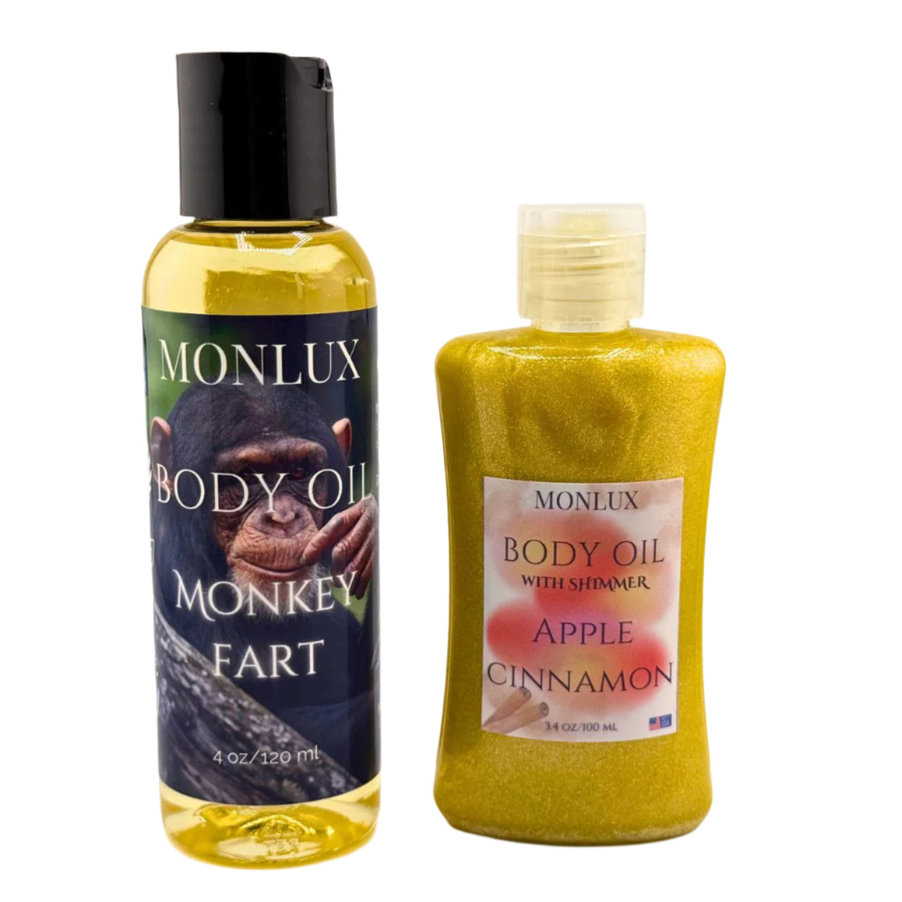 Body Oil Set – Sweet Scented Glow Oils Monkey Fart & Apple Cinnamon