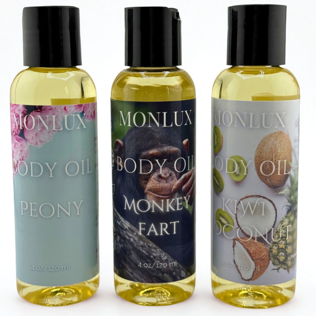 Body Oil Set – Kiwi Coconut, Peony, Monkey Farts | Tropical Skincare Trio