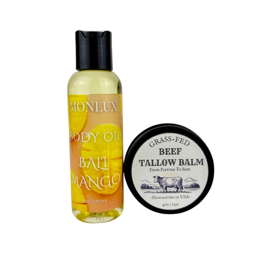 Bali Mango Body Oil + Citrus Beef Tallow Balm – Deep Moisture & Natural Glow, Handmade Body Care for Dry Skin, Clean Skincare Essentials