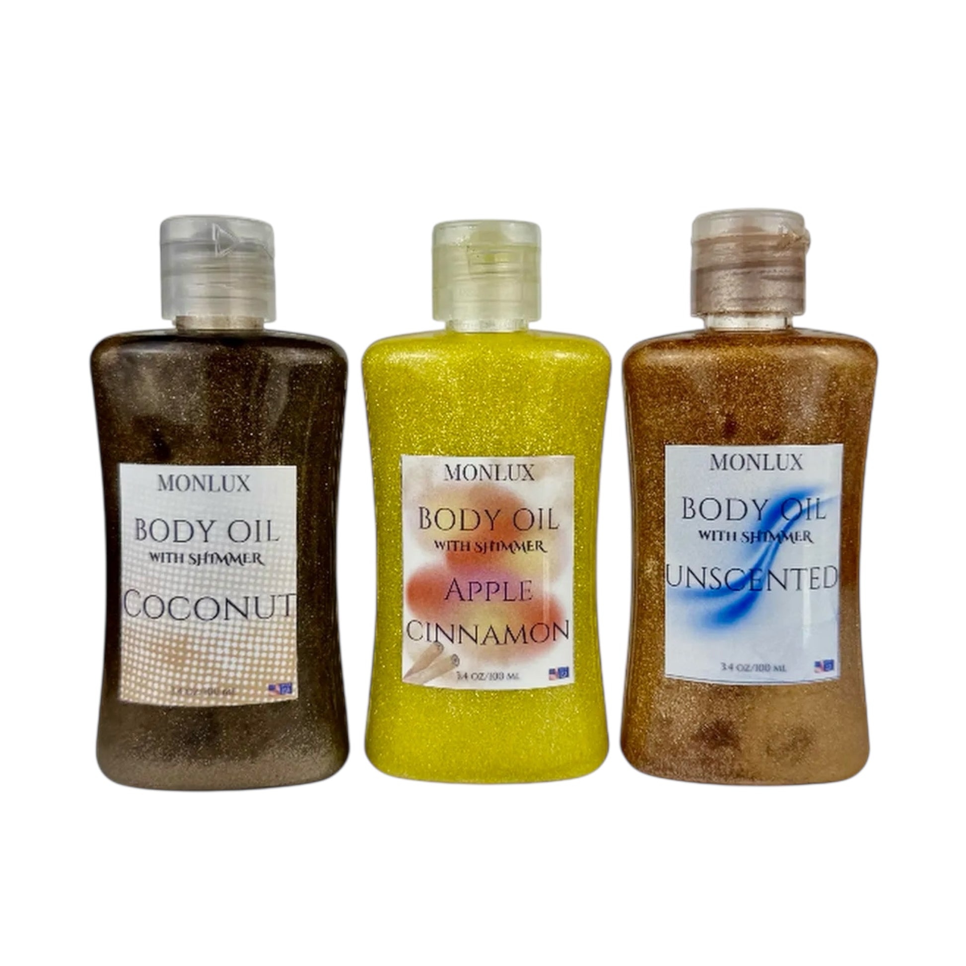 Shimmer Body Oil Trio – Coconut, Apple Cinnamon & Unscented Glow Oils for Radiant, Hydrated Skin